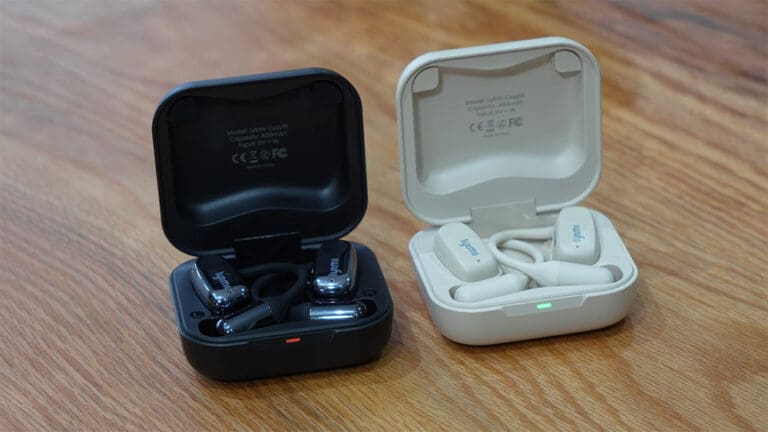 Lytmi CozyFit Open-Ear Headphones in their charging case